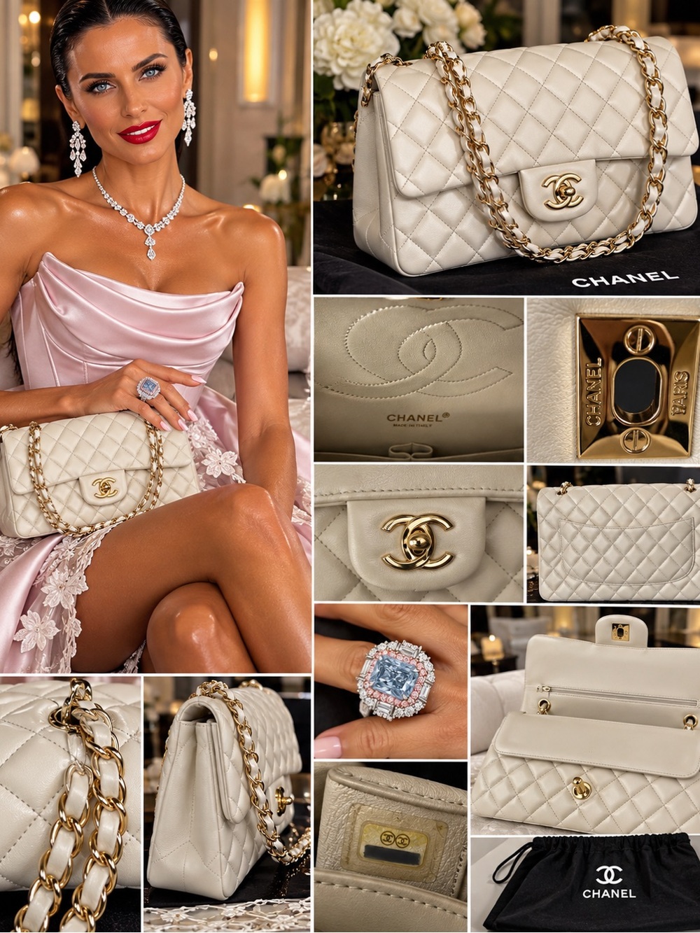 CHANEL Classic Double Flap Ivory Quilted lambskin leather, gold tone, chain bag